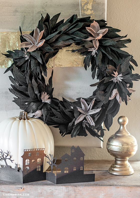 Black crepe paper wreath for Halloween