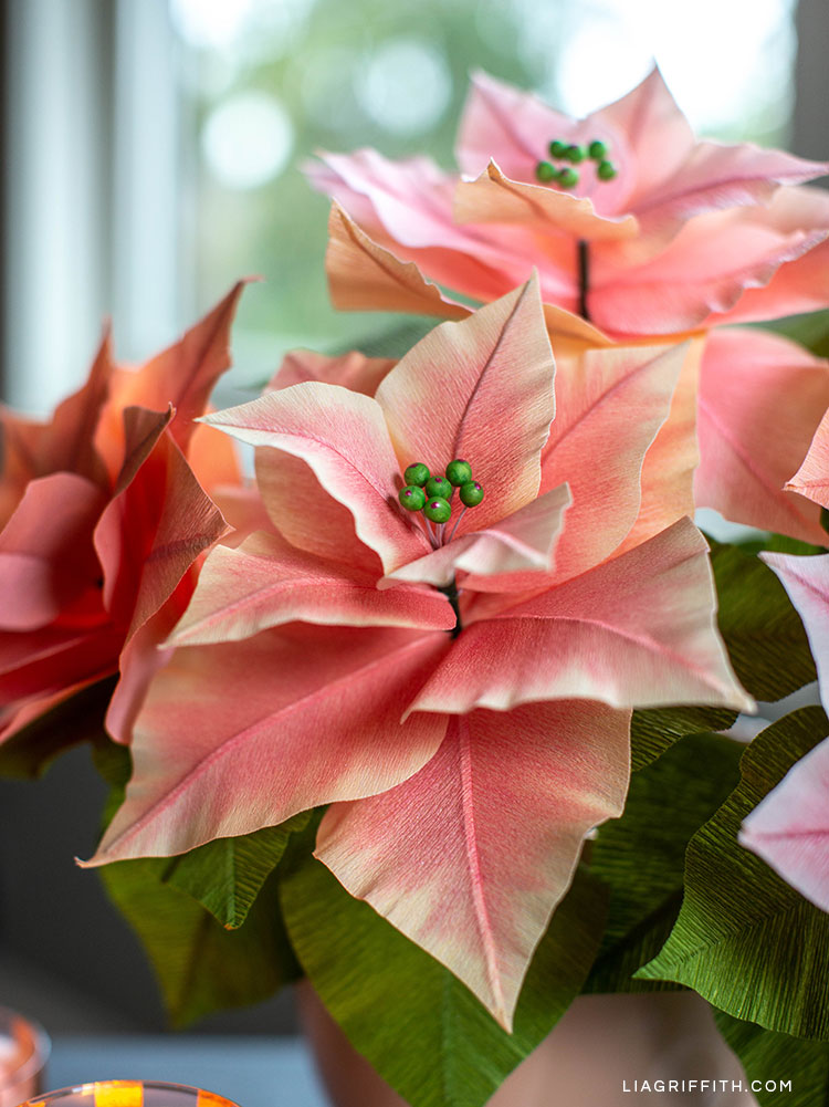 pink crepe paper poinsettia plants with green stamen