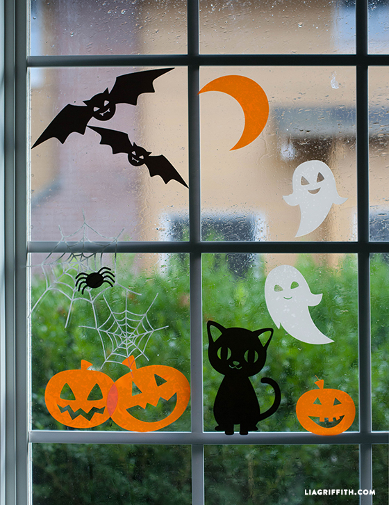 Bat, ghost, cat, and pumpkin window clings for Halloween
