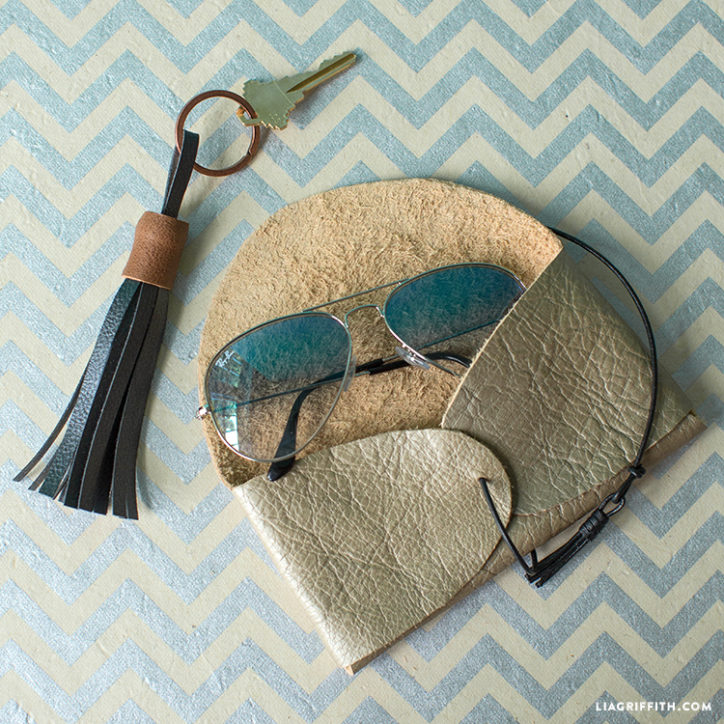 DIY leather sunglasses case with sunglasses and leather keychain