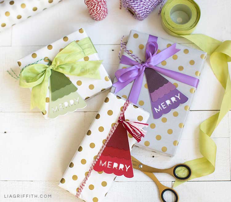 Christmas tree gift tags on polka-dot gift-wrapped presents