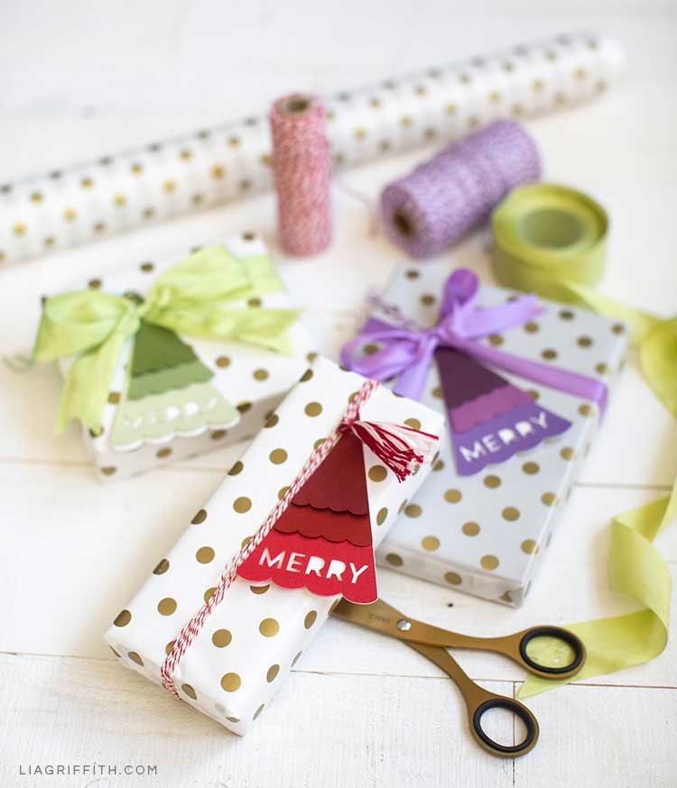 Holiday gifts with Christmas tree gift tags