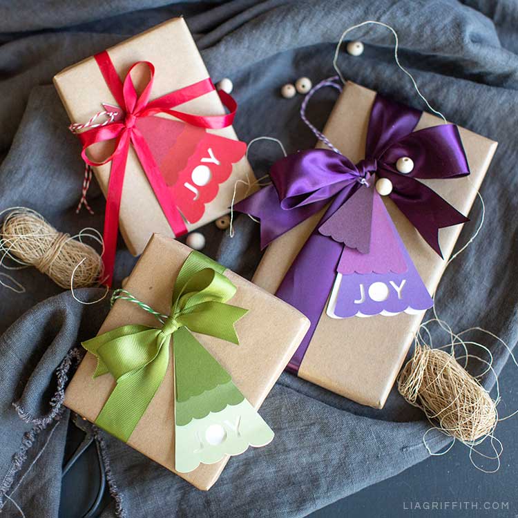 Christmas tree gift tags on wrapped presents