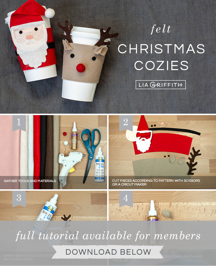 Photo tutorial for felt Christmas coffee cup cozies by Lia Griffith