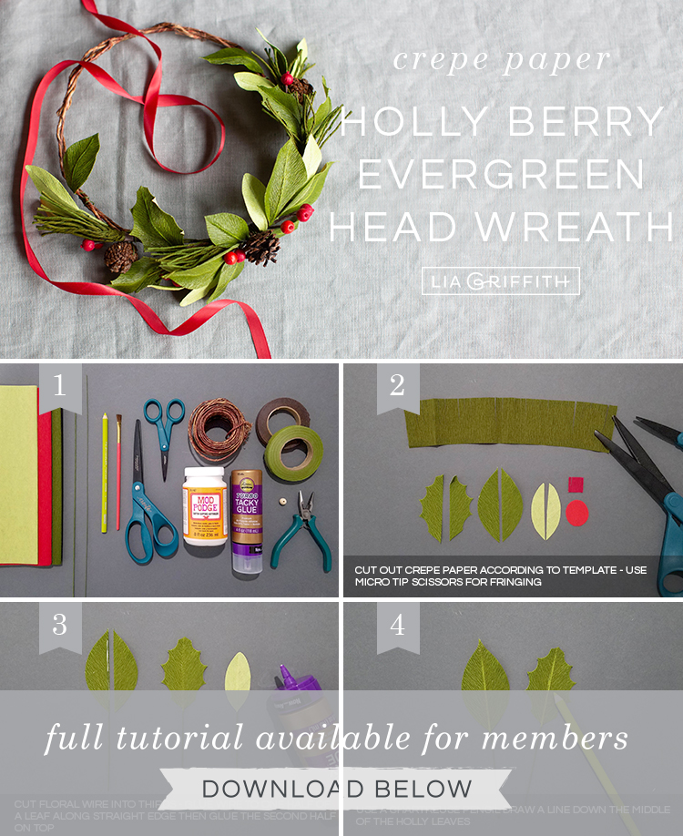 Photo tutorial for crepe paper holly berry evergreen head wreath by Lia Griffith
