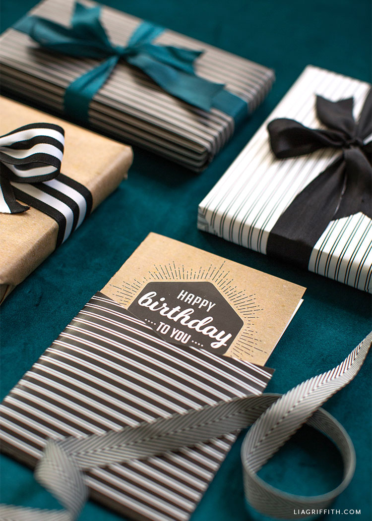 Kraft happy birthday card and gift wrap with striped sleeve and striped gift wrap