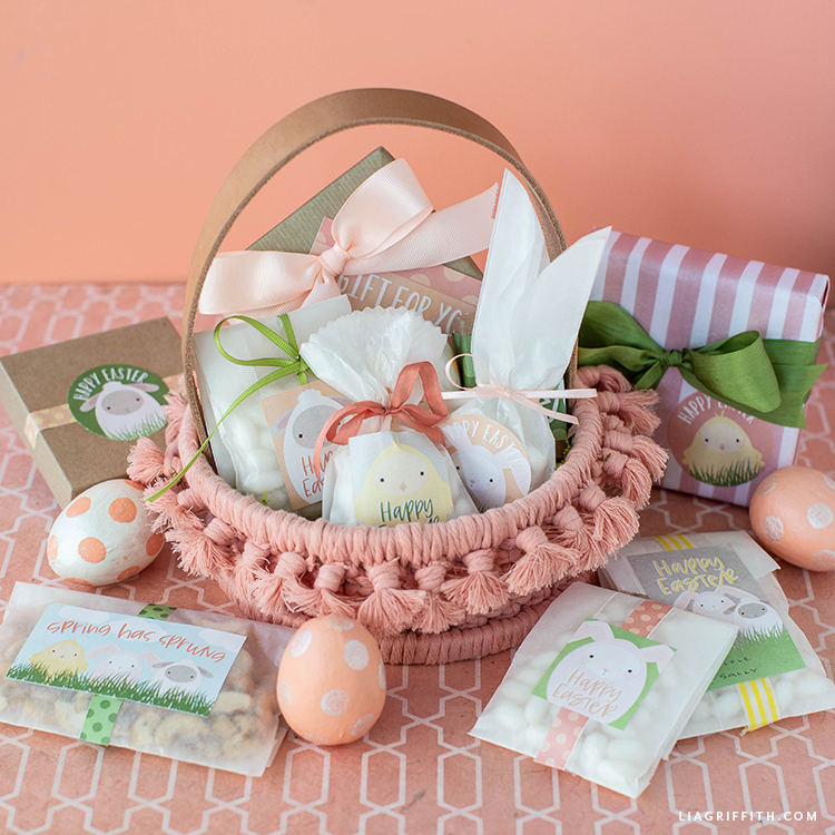 macrame easter basket with easter treats and presents
