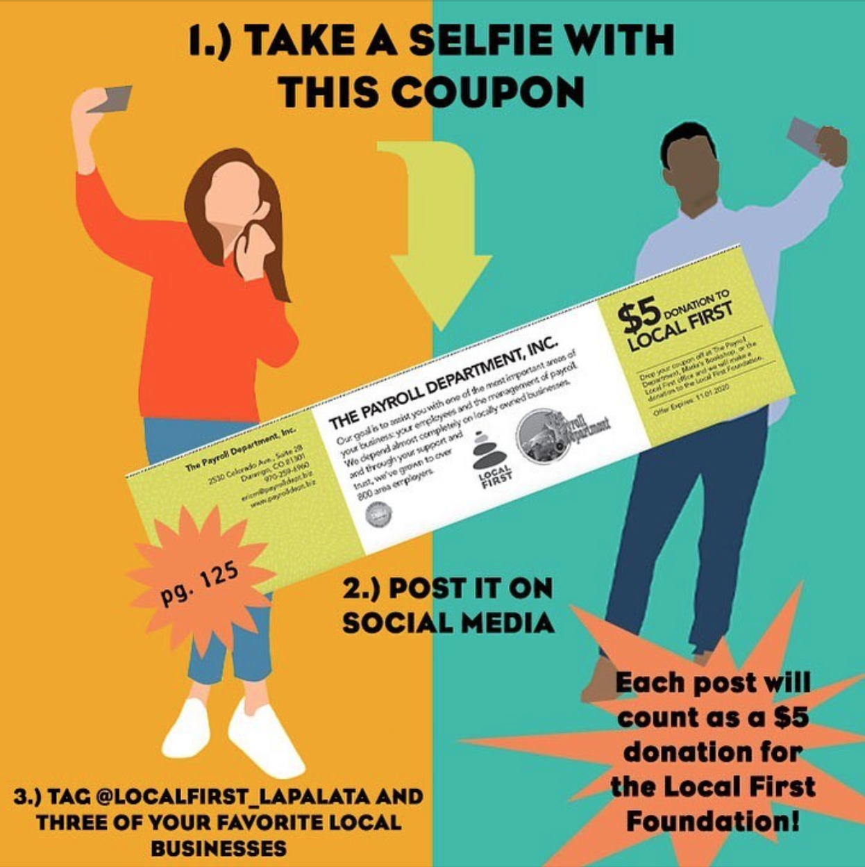 Take a Selfie With This Coupon Images of two people taking selfies with the coupon for a $5 donation from the Payroll Department, found on page 125 of the 2020 Be Local Coupon Book.