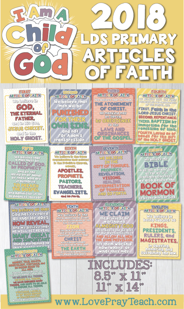 2018 Primary Articles of Faith Posters by www.LovePrayTeach.com