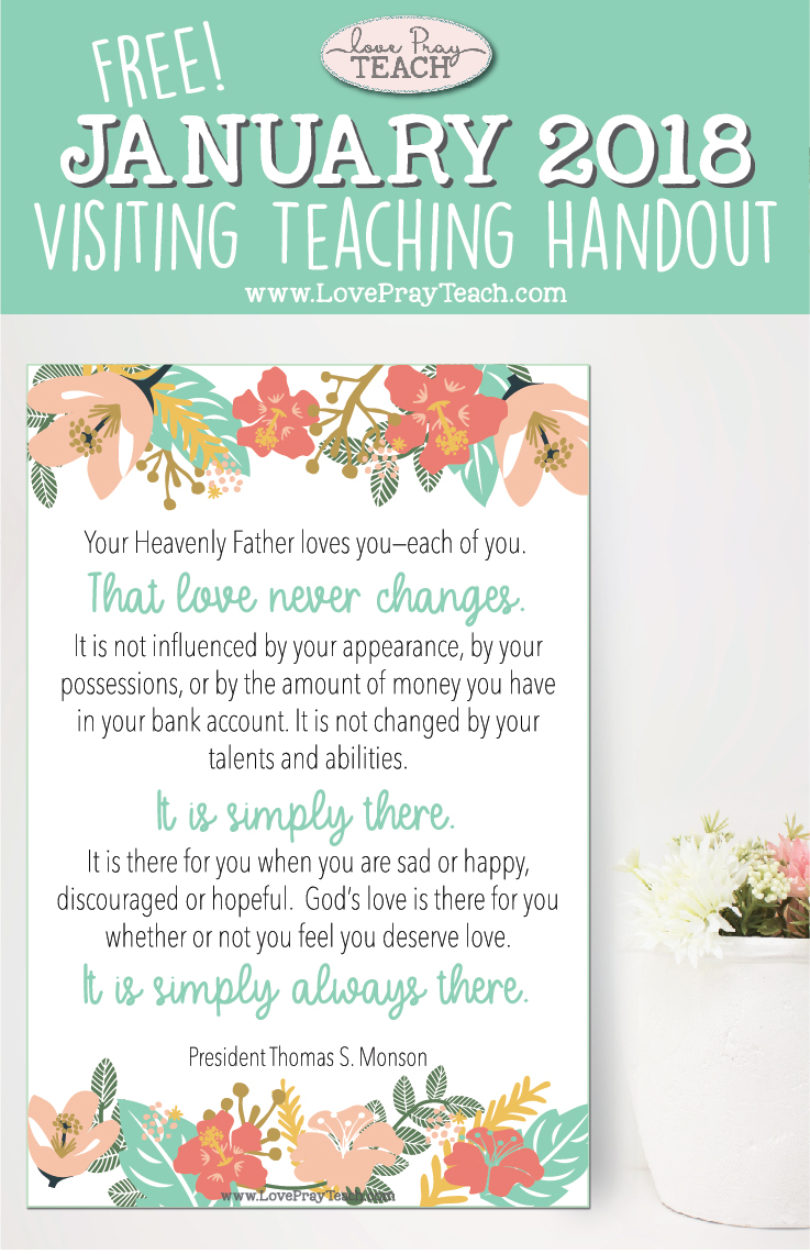 Free January 2018 Printable Visiting Teaching Handout and Bulletin Board Poster from www.LovePrayTeach.com Free January 2018 Printable Visiting Teaching Handout and Bulletin Board Poster from www.LovePrayTeach.com