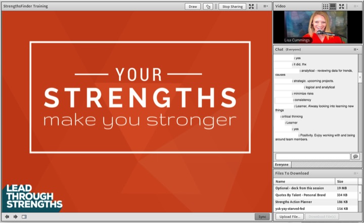 example of a adobe connect - strengthsfinder virtual teambuilding class hosted by lisa cummings