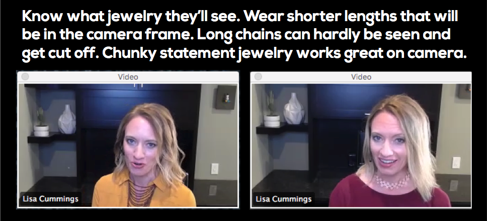 an image showing Lisa doing a VILT webinar with attention to jewelry that works on camera