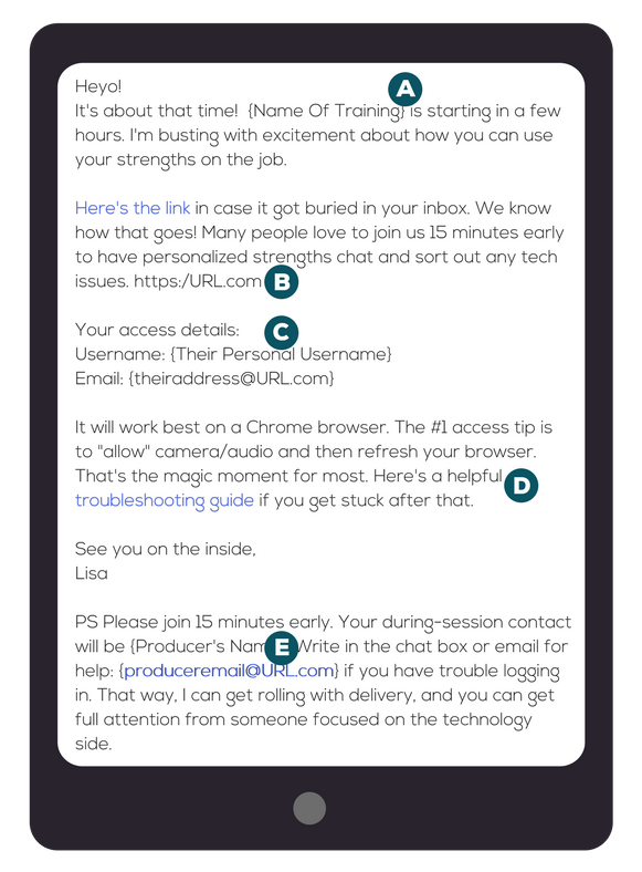 example of reminder messages we send for virtual strengthsfinder training classes
