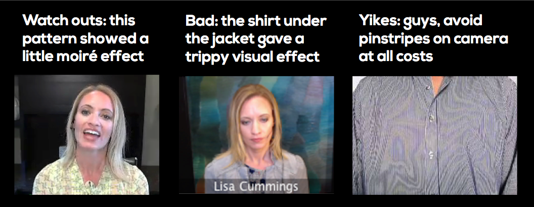 an image showing Lisa doing a virtual corporate training webinars with shirts creating the moire effect
