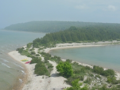 Kayaks on Round Island, Michigan Hiawatha National Forest and Round Island shoreline from atop the Round Island Lighthouse