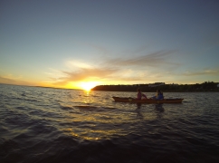 Tandem kayak at sunset off the coast of Mackinac