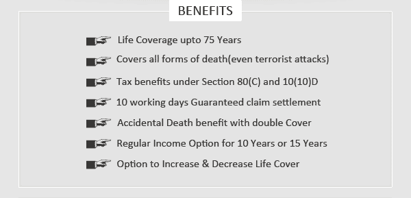 Benefits : Life Coverage upto 75 Years, Covers all forms of death(even terrorist attacks), Tax benefits under Section 80(C) and 10(10)D, 10 working days Guaranteed claim settlement, Accidental Death benefit with double Cover, Regular Income Option for 10 Years or 15 Years, Option to Increase & Decrease Life Cover
