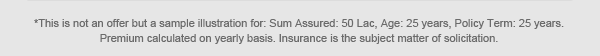 *This is not an offer but a sample illustration for: Sum Assured: 50 Lac, Age: 25 years, Policy Term: 25 years. Premium calculated on yearly basis. Insurance is the subject matter of solicitation.