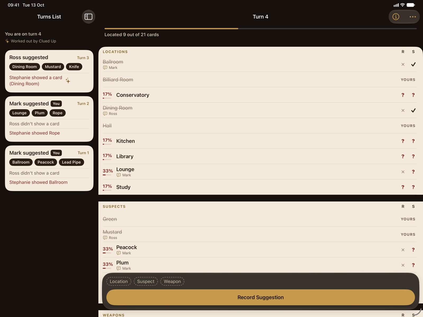 Clued Up on iPad in landscape, with the turns in a sidebar beside the grid