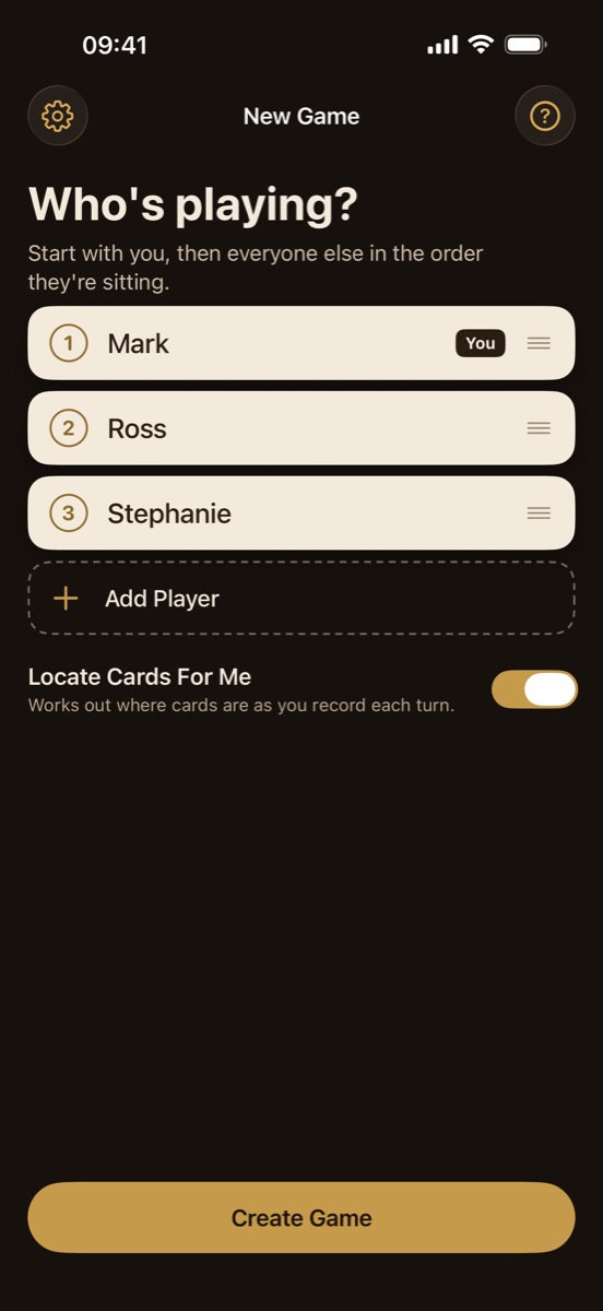 Setting up a game: the players in seat order and the Locate Cards For Me switch