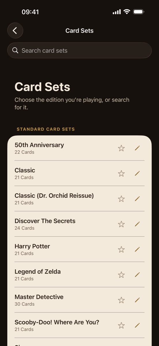 The list of card sets: 50th Anniversary, Classic, Discover the Secrets, Harry Potter and more