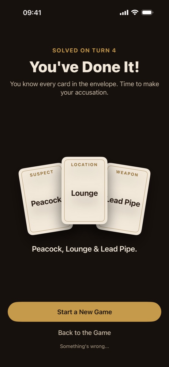 The solved screen showing the three cards in the envelope