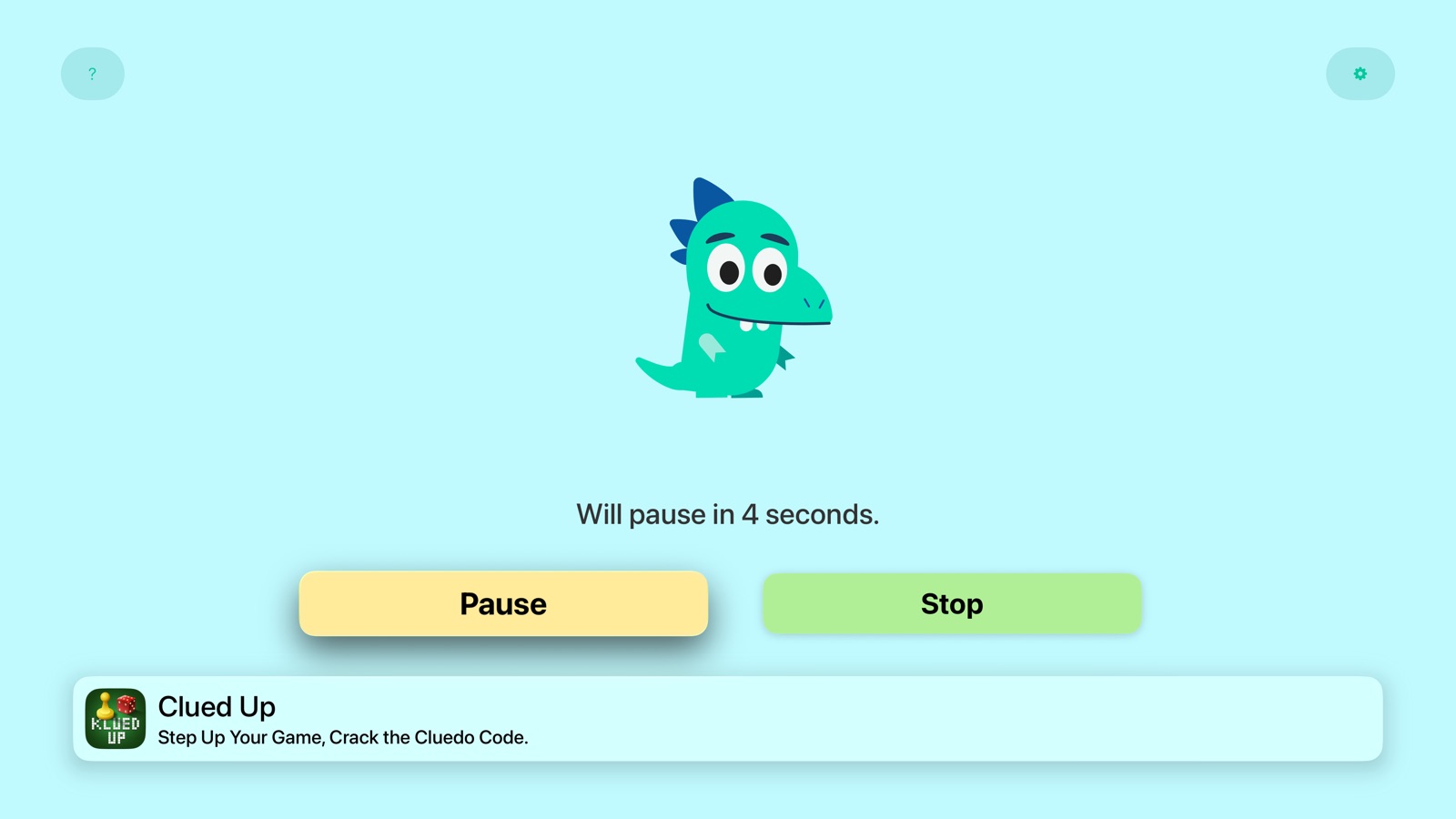 Musical Chairs on Apple TV: a dancing dinosaur with 'Will pause in 4 seconds' and Pause and Stop buttons