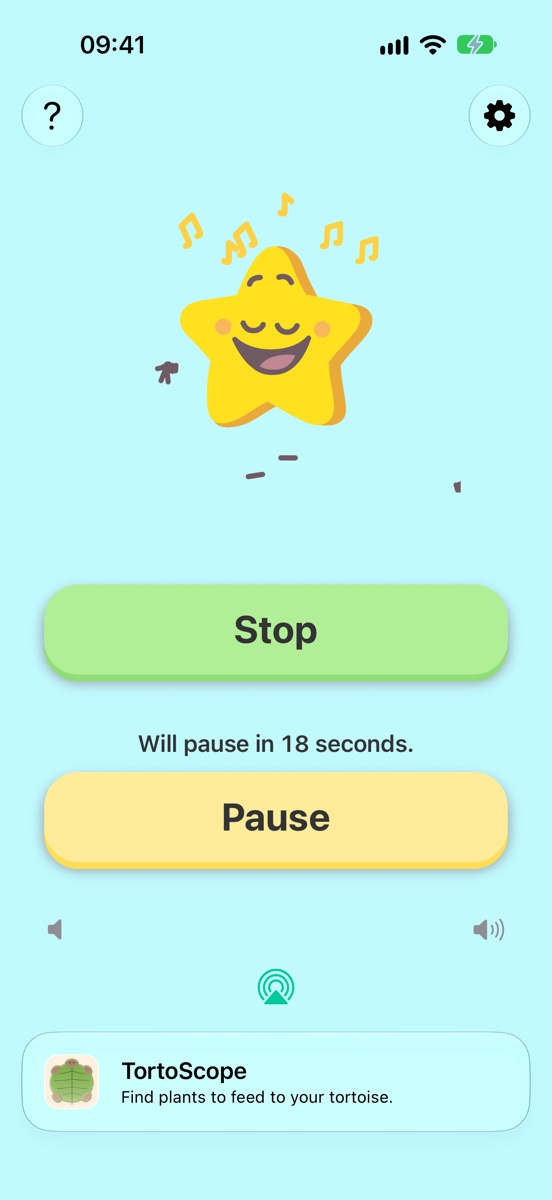 Music playing: the star dances, with Stop and Pause buttons and 'Will pause in 18 seconds'