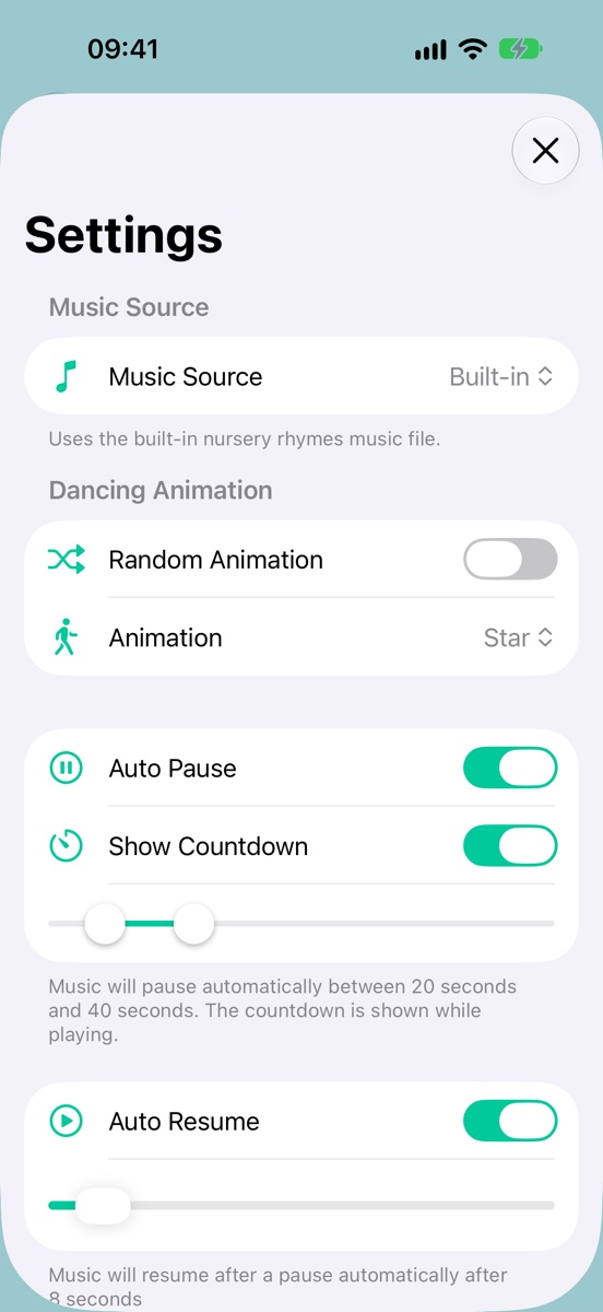 Settings: music source, dancing animation, auto pause with a countdown, and auto resume