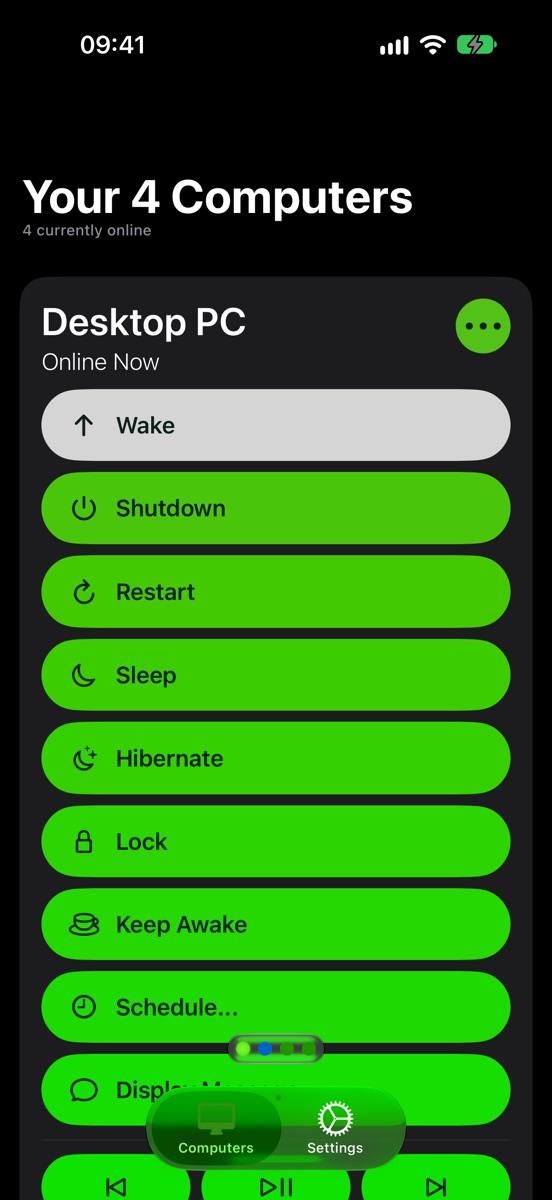 The Computers tab: a card for each computer with its status and buttons for Wake, Shutdown, Restart, Sleep, Hibernate, Lock and more