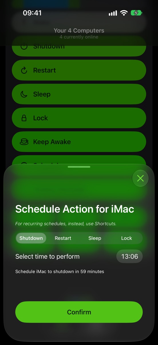 Scheduling an action: choose Shutdown, Restart, Sleep, Hibernate or Lock and a time