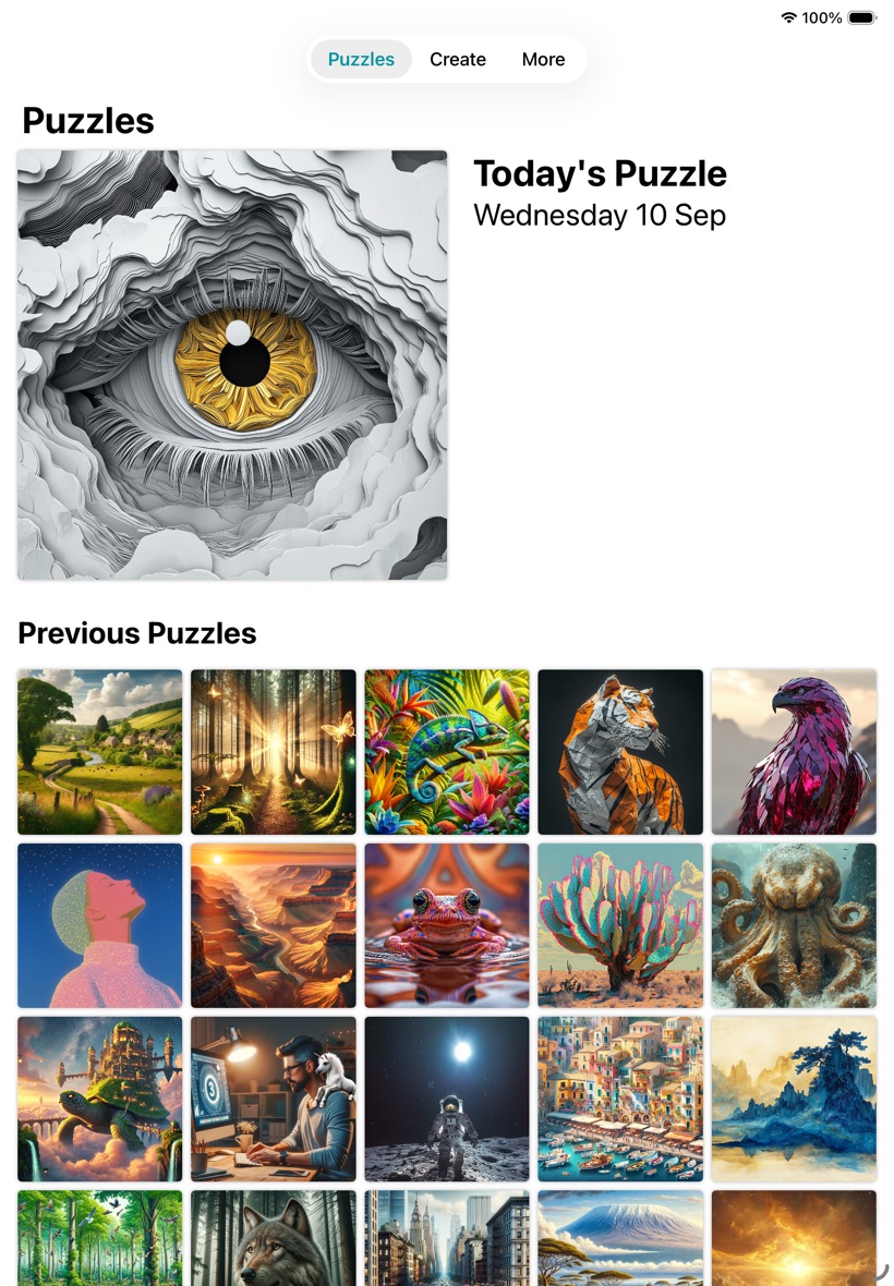 Puzzles Daily on iPad: today's puzzle and a large grid of previous puzzles