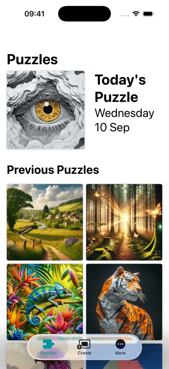 The Puzzles tab: today's puzzle at the top and a grid of previous puzzles below