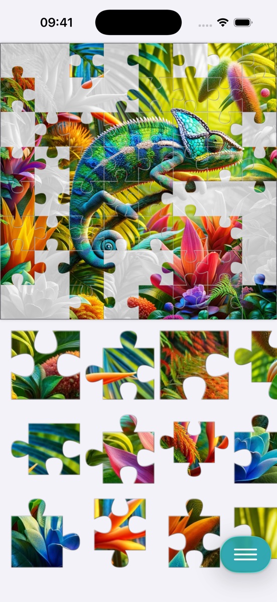 A chameleon puzzle in progress: the board above, with the remaining pieces in a tray below