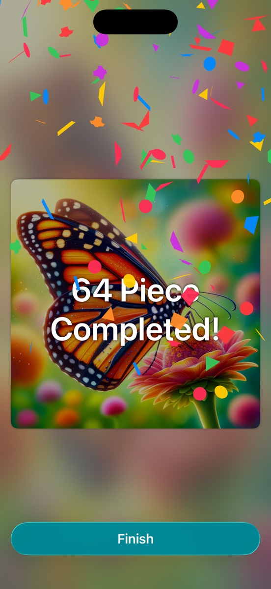 A finished butterfly puzzle with confetti and '64 Piece Completed!'