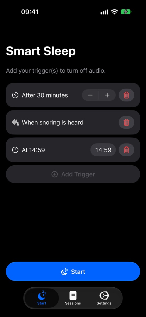 Setting up: stop after 30 minutes, when snoring is heard, or at a set time, and the Start button