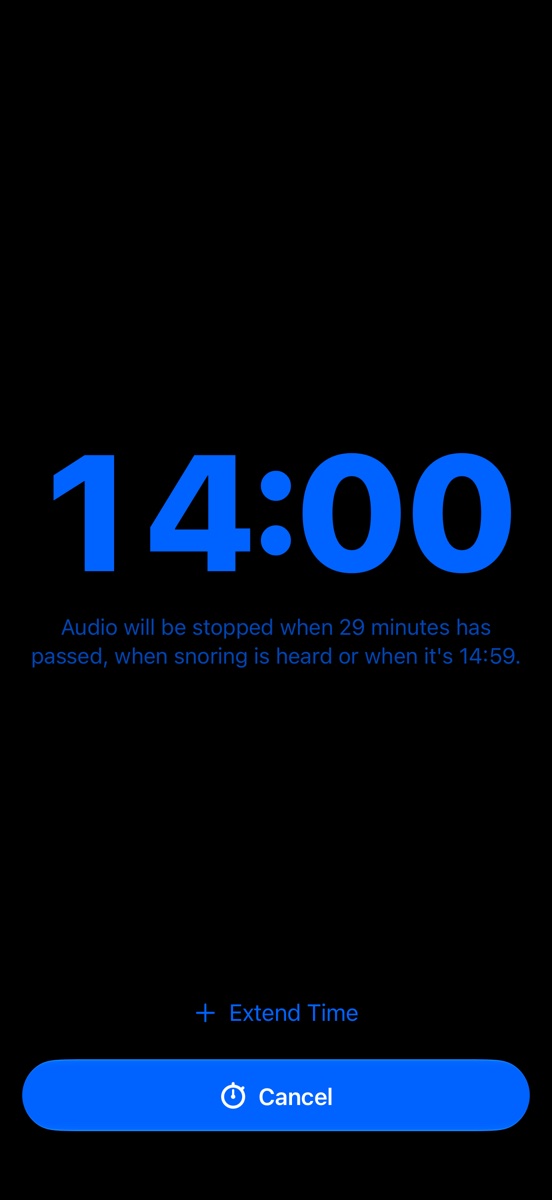 A session running: the time in large blue numbers, the stopping rule, and Extend Time and Cancel buttons