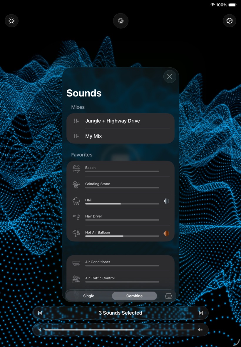 White Noise on iPad: the Sounds list with saved mixes and favourites over the blue visualizer