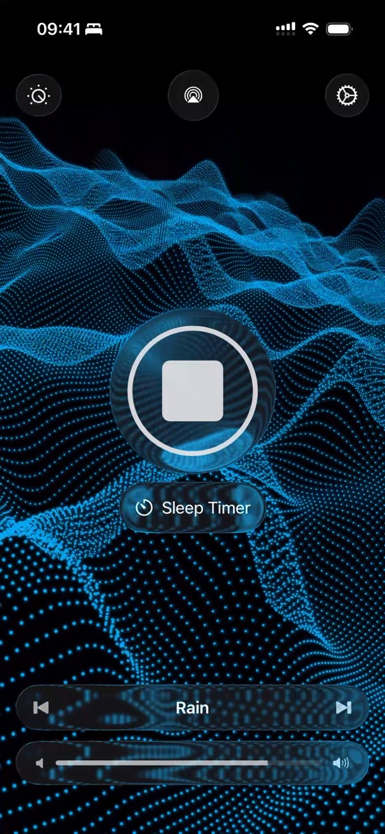 Rain playing, with the blue 3D visualizer, the stop button and the Sleep Timer button
