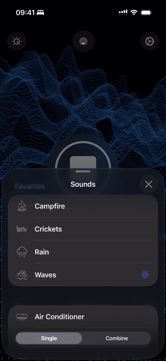 The Sounds list with favourites: Campfire, Crickets, Rain and Waves