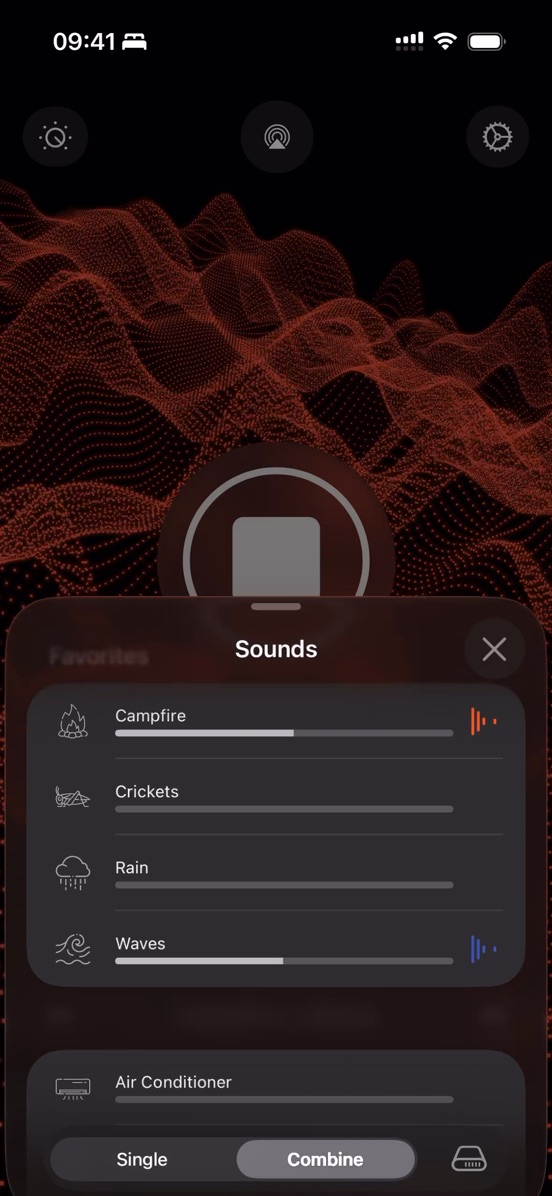 Combining sounds: Campfire and Waves, each with its own volume