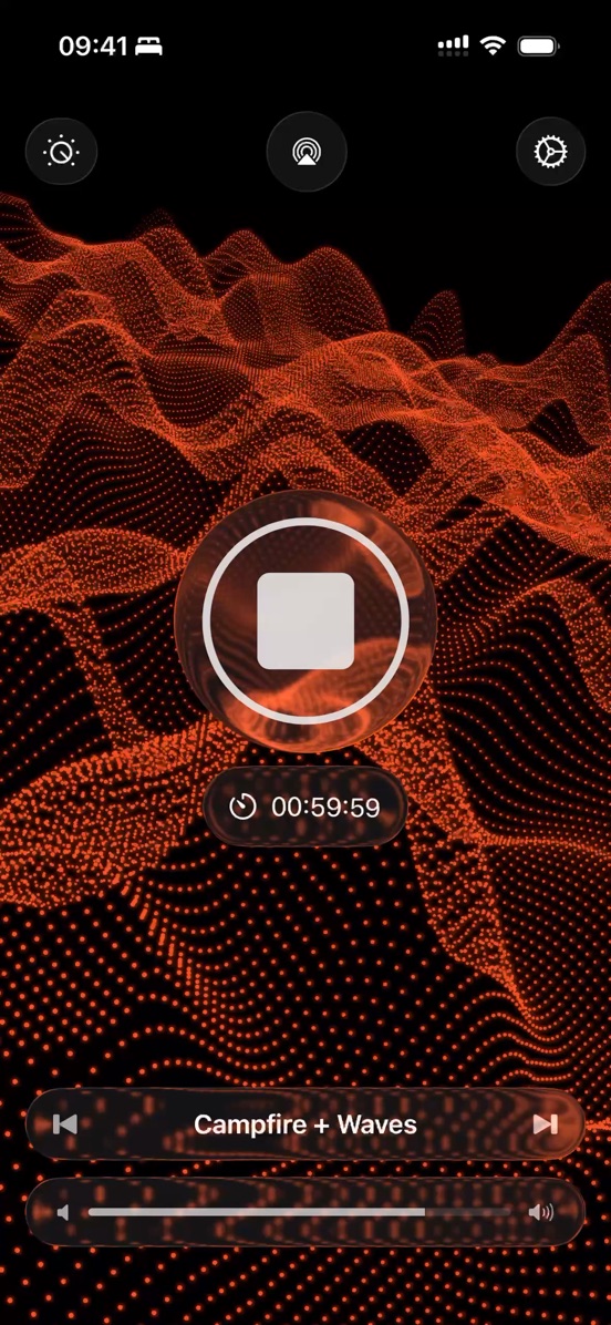 Campfire and Waves playing with the orange visualizer and a sleep timer counting down from one hour
