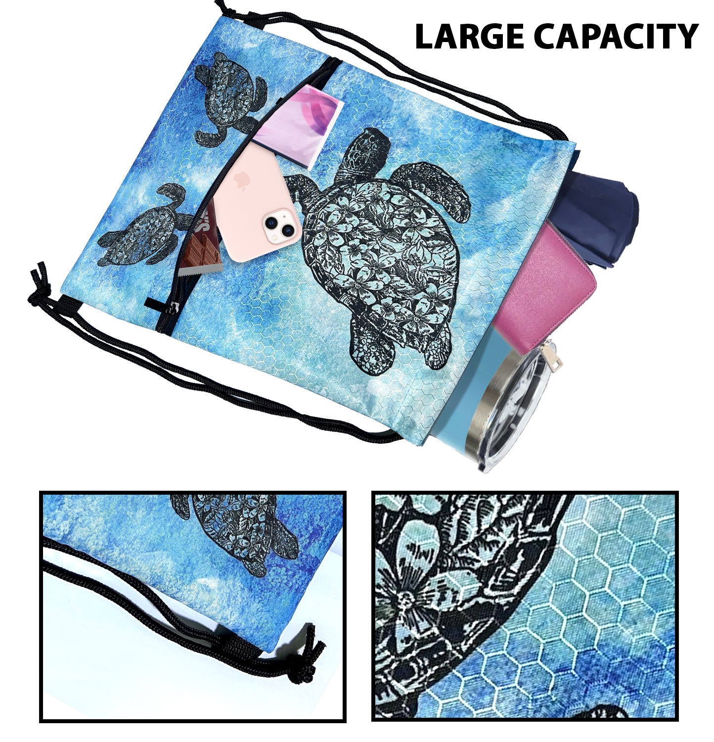 Travel Drawstring Backpack with Zipper Pocket Sport Gym Cinch Sack Pack Bag - Picture 16 of 31