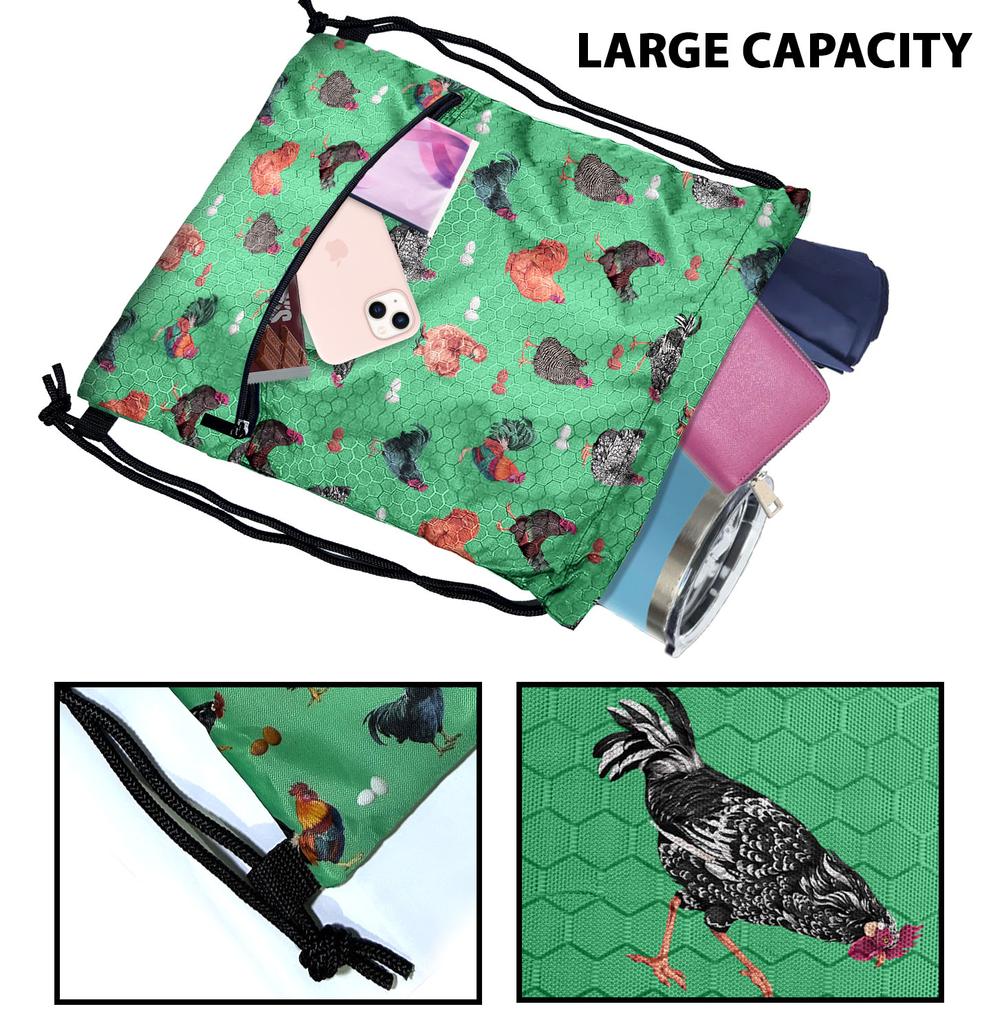 Travel Drawstring Backpack with Zipper Pocket Sport Gym Cinch Sack Pack Bag - Picture 28 of 31