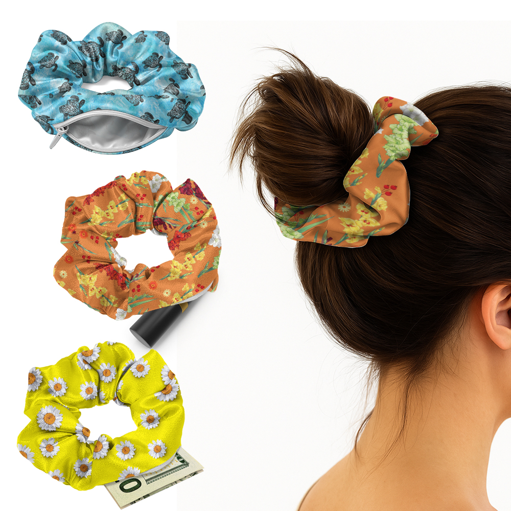 3 Pcs Pocket Scrunchies with Hidden Zipper Hair Ties Storage for Women Girls