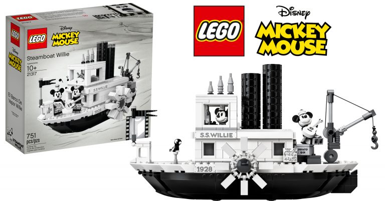 Details of LEGO Ideas Disney 21317 Steamboat Willie set including retro Mickey and Minnie Mouse 