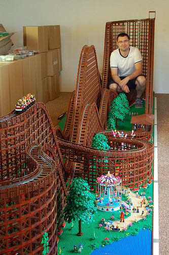 A massive wooden roller coast built entirely out of LEGO The