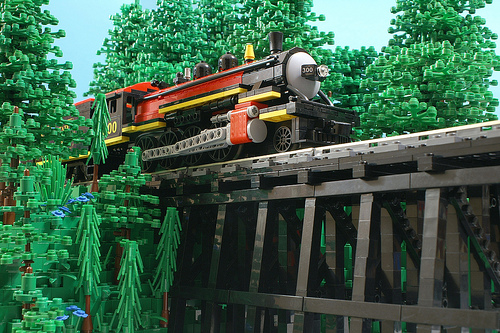 LEGO steam engine on trestle bridge