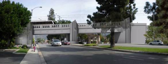 El puente estará localizado en el mismo sitio del cruce viejo, un poco al norte de la tienda REI y al sur de In-N-Out: Dibujo de la Gold Line Foothill Extension Construction Authority.