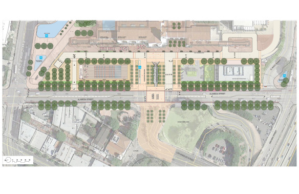El plan considera a largo plazo abrir el acceso al sitio a lo largo de la esquina de Cesar Chavez y Alameda y cerrando parte de Los Angeles Street.